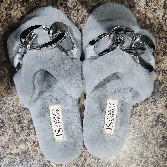 Jessica Simpson Shoes - Jessica Simpson Silver and Gray Plush Slippers Size 6-7